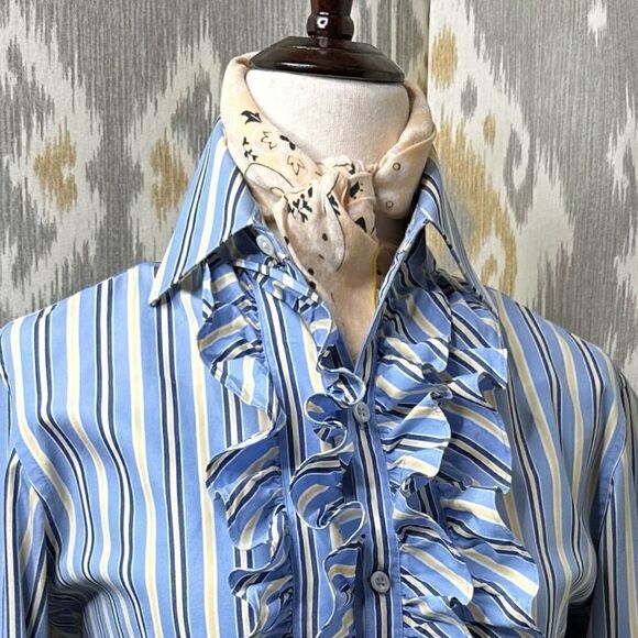 Ralph Lauren Blue Multi Shadow Stripe Ruffle Placket L/S Button Up Blouse - Picture 14 of 16